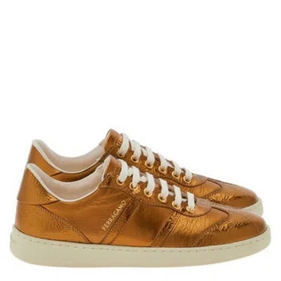 Ferragamo Metallic Leather Low-top Sneakers In Brown