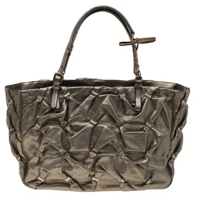 Ferragamo Metallic Olive Leather Tote In Gray