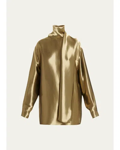 Ferragamo Metallic Wool Draped Turtleneck Shirt In Gold