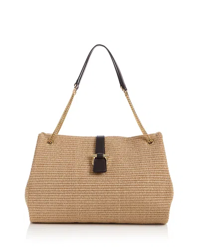 Ferragamo Mia Gancini Raffia Tote In Brown