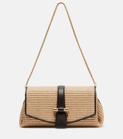 Ferragamo Leather-trimmed Woven Raffia Cross Body Bag In Brown