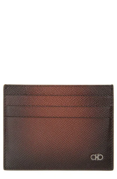 Ferragamo Micro Double Gancio Burnished Leather Card Case In Brown