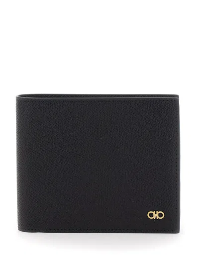 Ferragamo Micro Gancini Black Bi Fold Wallet With Logo In Hammered Leather Man