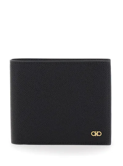 Ferragamo Micro Gancini Hook Grained Leather Mini Bi-fold Wallet In Black
