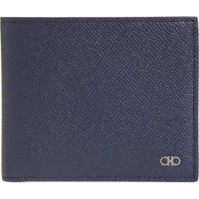 Ferragamo Micro Gancio Hammered Leather Bifold Wallet In Blue