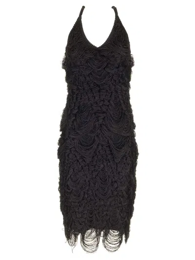 Ferragamo Midi Silk Cord Jacquard Dress In Black