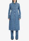 Ferragamo Button-front Long Denim Trench Coat In Blue