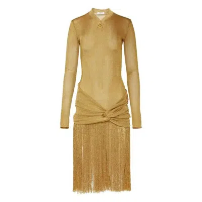 Ferragamo Midi Lurex Dress With Fringed Skirt In Brown