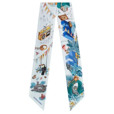 Ferragamo Mini Bandeau Silk Scarf With Jungle Party Print In White