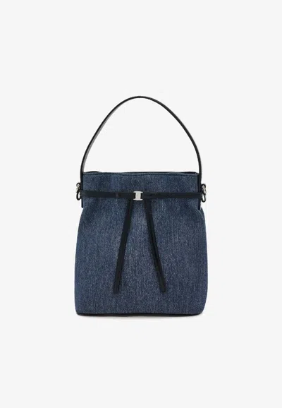 Ferragamo Mini Bow Denim Bucket Bag In Blue