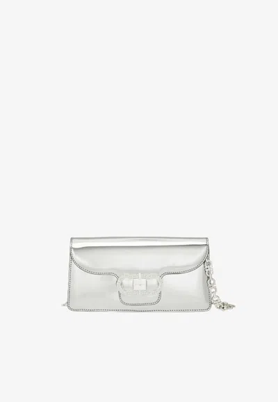Ferragamo Mini Double Gancini Metallic Clutch In Silver