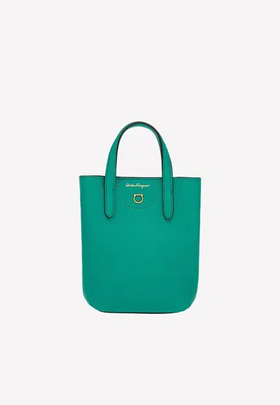Ferragamo Mini Gancini Tote Bag In Hammered Leather In Emerald