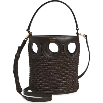 Ferragamo Mini Gancio Outline Raffia Bucket Bag In Brown