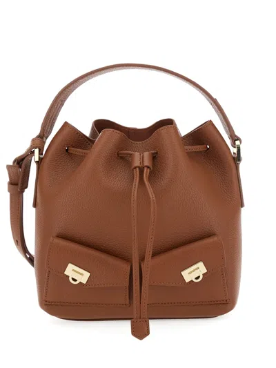 Ferragamo Mini Harley Drawstring Bucket Bag In Brown