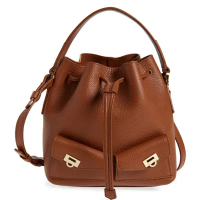 Ferragamo Mini Harley Leather Drawstring Bucket Bag In Brown