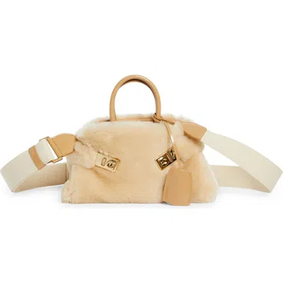 Ferragamo Mini Hug Genuine Shearling Top Handle Bag In Brown