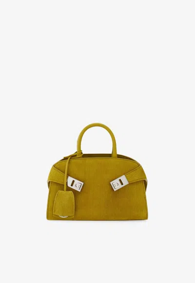 Ferragamo Mini Hug Suede Top Handle Bag In Green