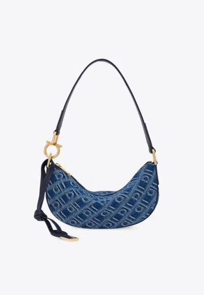 Ferragamo Mini Monogram Jacquard Denim Hobo Bag In Blue