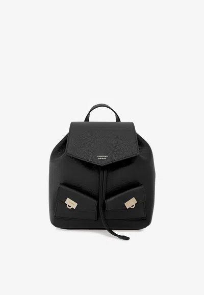 Ferragamo Mini Multi-pocket Leather Backpack In Black
