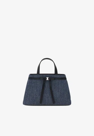 Ferragamo Mini Ribbon Denim Top Handle Bag In Blue