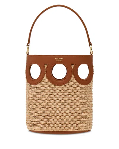 FERRAGAMO GANCINI FRAME RAFFIA BUCKET BAG