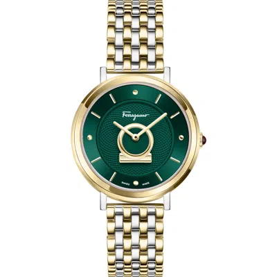 Ferragamo Minuetto Bracelet Watch, 36mm In Two Tone/ Green