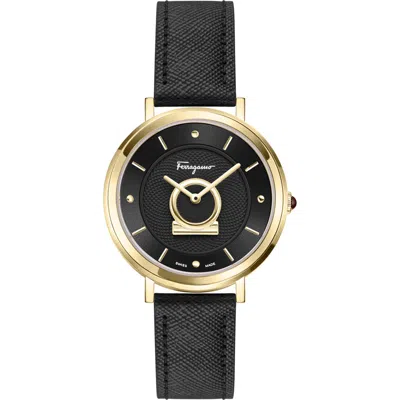 Ferragamo Minuetto Leather Strap Watch, 36mm In Black
