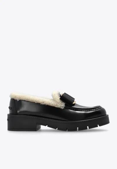 Ferragamo Mirty Vara Bow Shearling Leather Loafers In Black