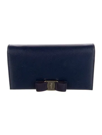 Pre-owned Ferragamo Miss Vera Wallet On Chain Leather Continental Wallet In Blue