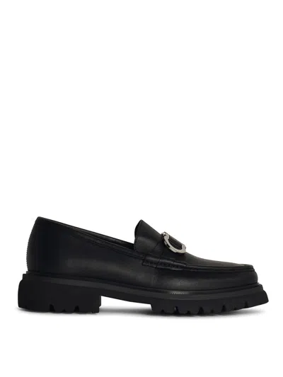 Ferragamo Leather Loafer With Gancini Metal Detail In Black