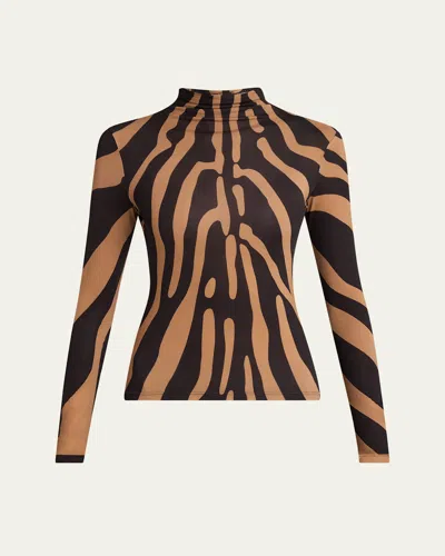 Ferragamo Mock-neck Zebra-print Long-sleeve Top In Brown
