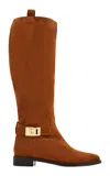 Ferragamo Knee High Boot With Hug Buckle Detail In Brown
