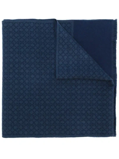 Ferragamo Gancini-print Fringe Scarf In Blue