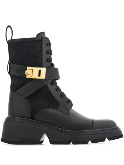 Ferragamo Monogram Combat Boots In Black