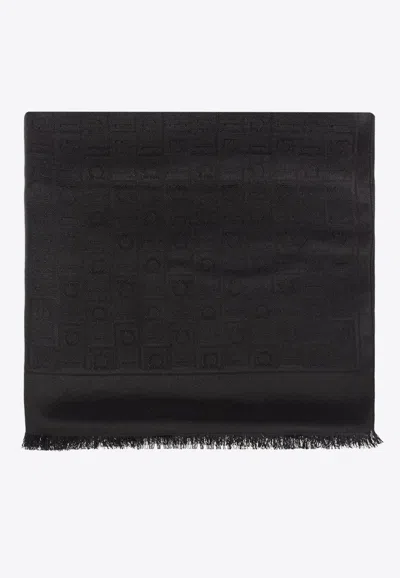 Ferragamo Monogram Fringe Scarf In Black