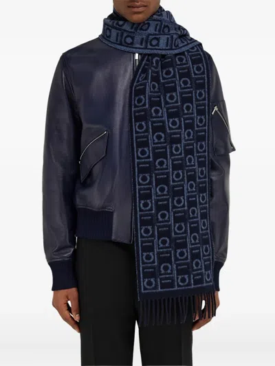Ferragamo Monogram Fringed Scarf In Blue