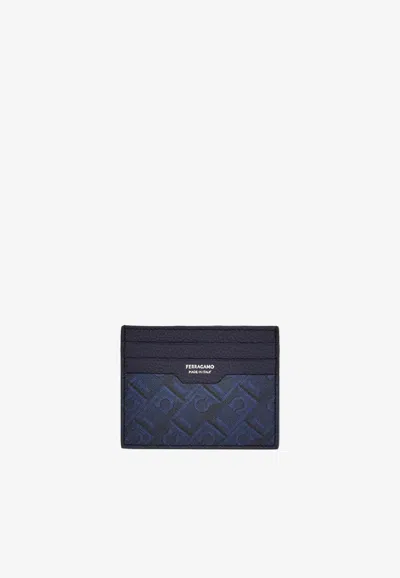 Ferragamo Monogram Hammered Leather Cardholder In Blue