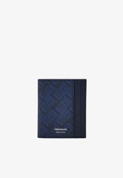 Ferragamo Monogram Hammered Leather Cardholder In Blue