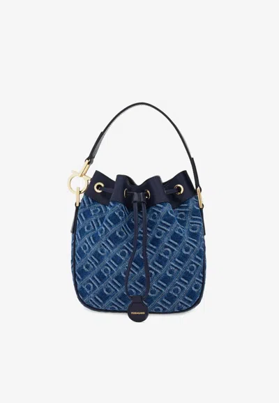 Ferragamo Monogram Jacquard Denim Bucket Bag In Blue