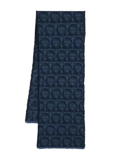 Ferragamo Monogram-jacquard Frayed-edge Scarf In Blue