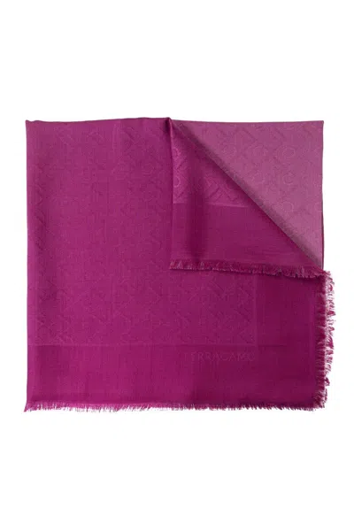 Ferragamo Monogram Jacquard Frayed-edge Scarf In Pink