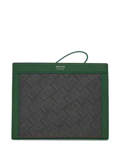 Ferragamo Monogram Leather-trim Clutch In Green