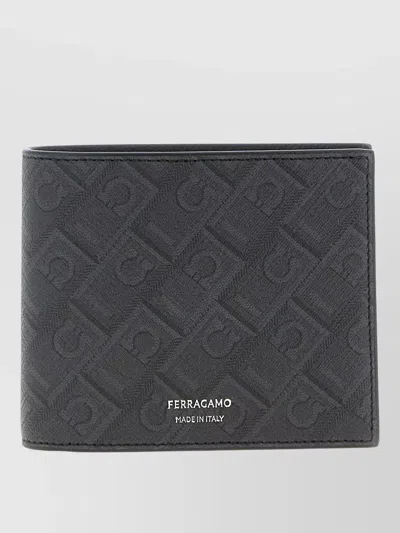Ferragamo Monogram Leather Wallet Textured Finish In Black