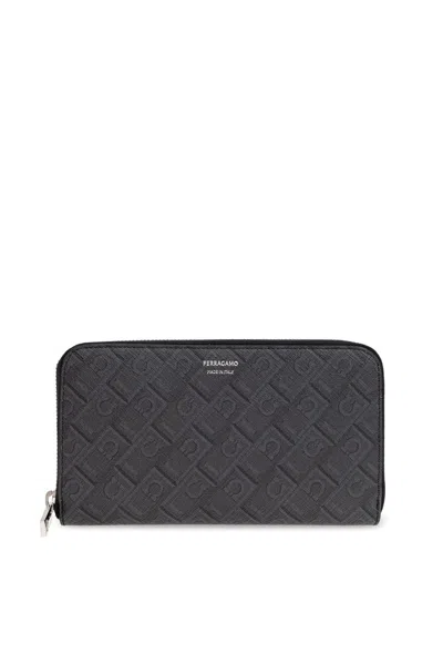 Ferragamo Logo Monogram Zip-around Wallet In Grey