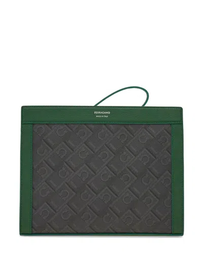 Ferragamo Monogram Pouch With Calfskin Details In Gray