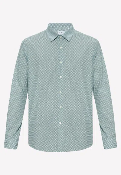 Ferragamo Monogram Print Long-sleeved Shirt In Green