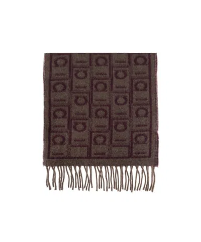 Ferragamo Gancini-pattern Fringed Scarf In Brown
