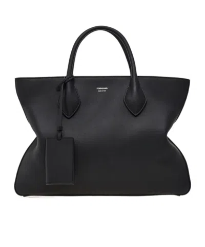 FERRAGAMO MONOGRAM STRUCTURED LEATHER TOTE BAG