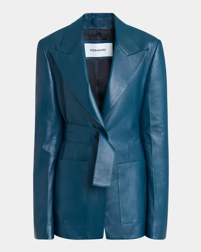 Ferragamo Moon Belted Single-breasted Leather Jacket In Teal Blue