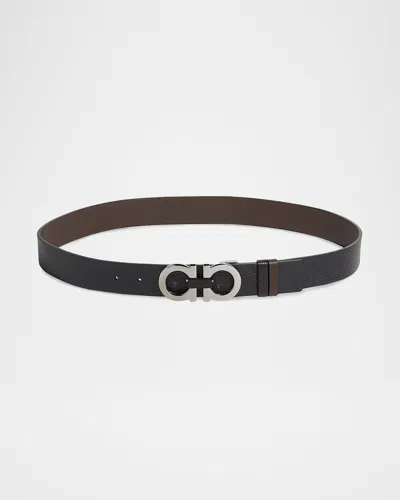Ferragamo Moufflon Adjustable & Reversible Double-gancini Buckle Leather Belt In Black
